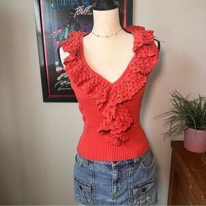 Trina Turk Coral Ribbed Knit Top with V-Neck Ruffle